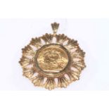 Gold sovereign 1914 in 9 carat gold fancy pendant mount.