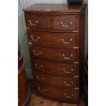 Hardwood and brass inlaid six drawer bow front chest, 114cm by 61cm.