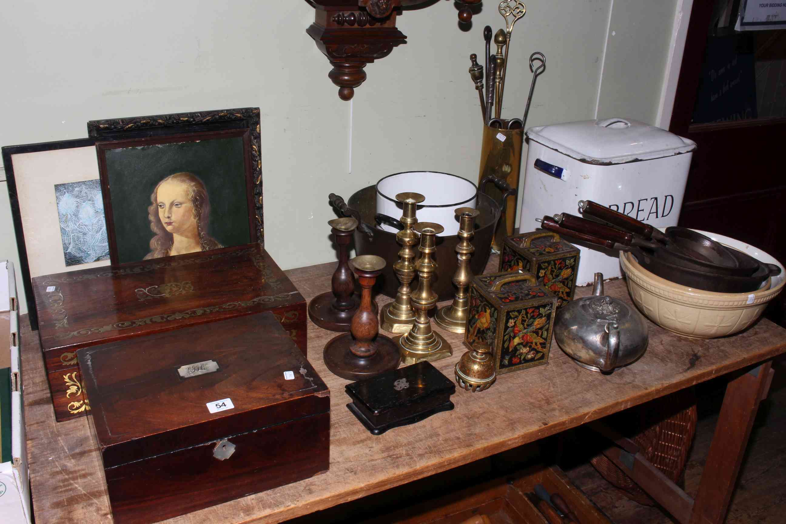 Collection of enamel flour and bread bins, inlaid wooden boxes, metalwares, prints, biscuit tins,