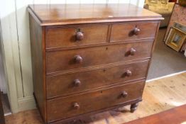 Victorian oak chest of two short above three long drawers on turned legs, 111cm by 107.5cm.