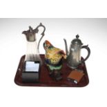 Tray lot with Edwardian claret jug, Liberty pewter coffee pot, hen teapot, table lighter,
