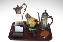 Tray lot with Edwardian claret jug, Liberty pewter coffee pot, hen teapot, table lighter,