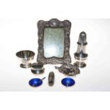 Collection of silver including photograph frame, sifter, pierced dish, pill box and nail buff,