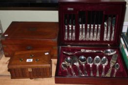 Canteen of cutlery, puzzle box and Victorian writing slope.