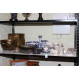 Collection of silver plate, including a pair of bottle coaters the brass jardinieres, ceramics,
