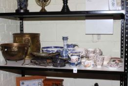 Collection of silver plate, including a pair of bottle coaters the brass jardinieres, ceramics,