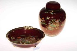 Carlton Ware Rouge Royale, jar and bowl, 26cm high and 26cm diameter.