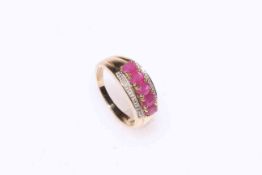 9 carat gold ring set with row of five rubies flanked by diamonds, size M.