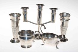 Pair of silver vases, silver mug, silver plated candelabrum and sauce boat.
