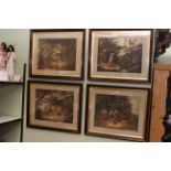 Set of four coloured shooting prints in glazed frames, 65cm x 78cm including frames.