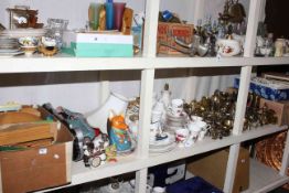 Large shelf collection including Jubilee Audion Organ, glass, metalwares, ceramics, toys, guitar,