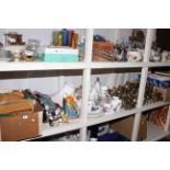 Large shelf collection including Jubilee Audion Organ, glass, metalwares, ceramics, toys, guitar,