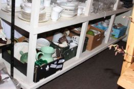 Large shelf collection of ceramics, glass, fabrics, quilts, linens, silver frame and spoon,