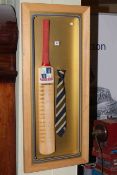 Autographed Testimonial Cricket Bat and Tie for Colin Metson, Glamorgan, in display case.