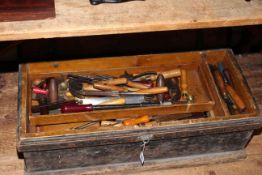 Pine joiners tool chest together with a collection of joinery tools.