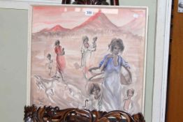 Elizabeth Durack, Native Women & Children in Mountainous Landscape, watercolour, signed lower left,