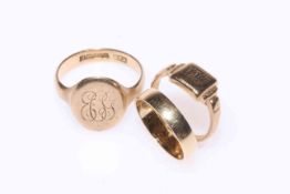 Two 9 carat gold signet rings and wedding band (3) sizes S, J and M.