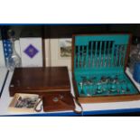 Two canteens of Kings Pattern cutlery, crystal decanter, pictures, camera, etc.
