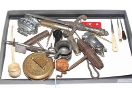 Tray of collectables including corkscrews, pipe, lighter, letter opener, etc.