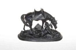 Victorian spelter group of fallen warrior beside horse, 25cm across.