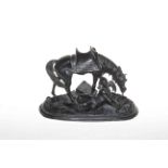 Victorian spelter group of fallen warrior beside horse, 25cm across.