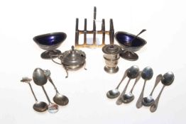 Silver five bar toast rack, set of six silver spoons, three silver commemorative spoons and salts.