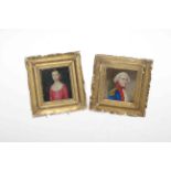 Pair of portrait miniatures of Lord Nelson and Lady Hamilton in gilt frames, 14.5cm x 13.5cm.