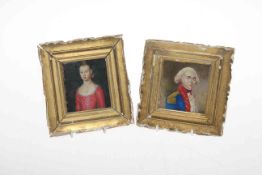 Pair of portrait miniatures of Lord Nelson and Lady Hamilton in gilt frames, 14.5cm x 13.5cm.