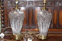 Pair Waterford glass and gilt metal table lamps, 40cm high to lamp holder.