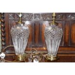 Pair Waterford glass and gilt metal table lamps, 40cm high to lamp holder.