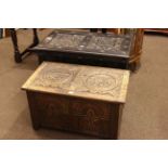 Two carved oak blanket boxes 91cm x 54cm and 81cm x 48cm.