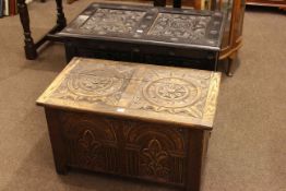 Two carved oak blanket boxes 91cm x 54cm and 81cm x 48cm.