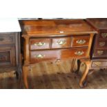 Crossbanded two drawer lowboy on cabriole legs, 77cm by 76cm.