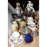 Three Coalport lady figures, Royal Doulton, silver plated tea set, egg cruet, etc.