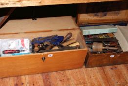 Two boxes of joinery tools, electric hand tools etc.