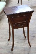 Mahogany sewing table having double hinged top above a single drawer on splayed legs, 46cm by 75cm.