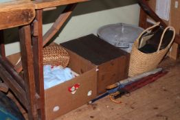 Collection of bags, hats, fabrics, umbrellas and a two handled pot.