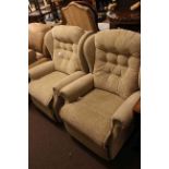 Pair Sherborne light buttoned fabric wing armchairs, one an electric recliner.
