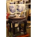 Chinese Padouk and marble inset octagonal jardiniere stand 44cm by 46cm and pair Wedgwood blue