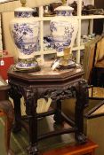 Chinese Padouk and marble inset octagonal jardiniere stand 44cm by 46cm and pair Wedgwood blue