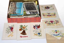Tin of postcards including embroidered silks, military RP soldiers, topographical Britain,