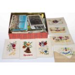 Tin of postcards including embroidered silks, military RP soldiers, topographical Britain,