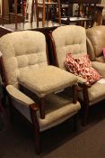 Pair beige button backed armchairs and footstool.