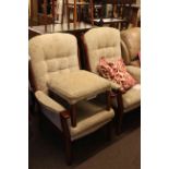 Pair beige button backed armchairs and footstool.