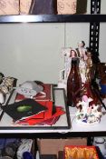 Staffordshire figurines, beer glass bottle, singles, framed engravings.