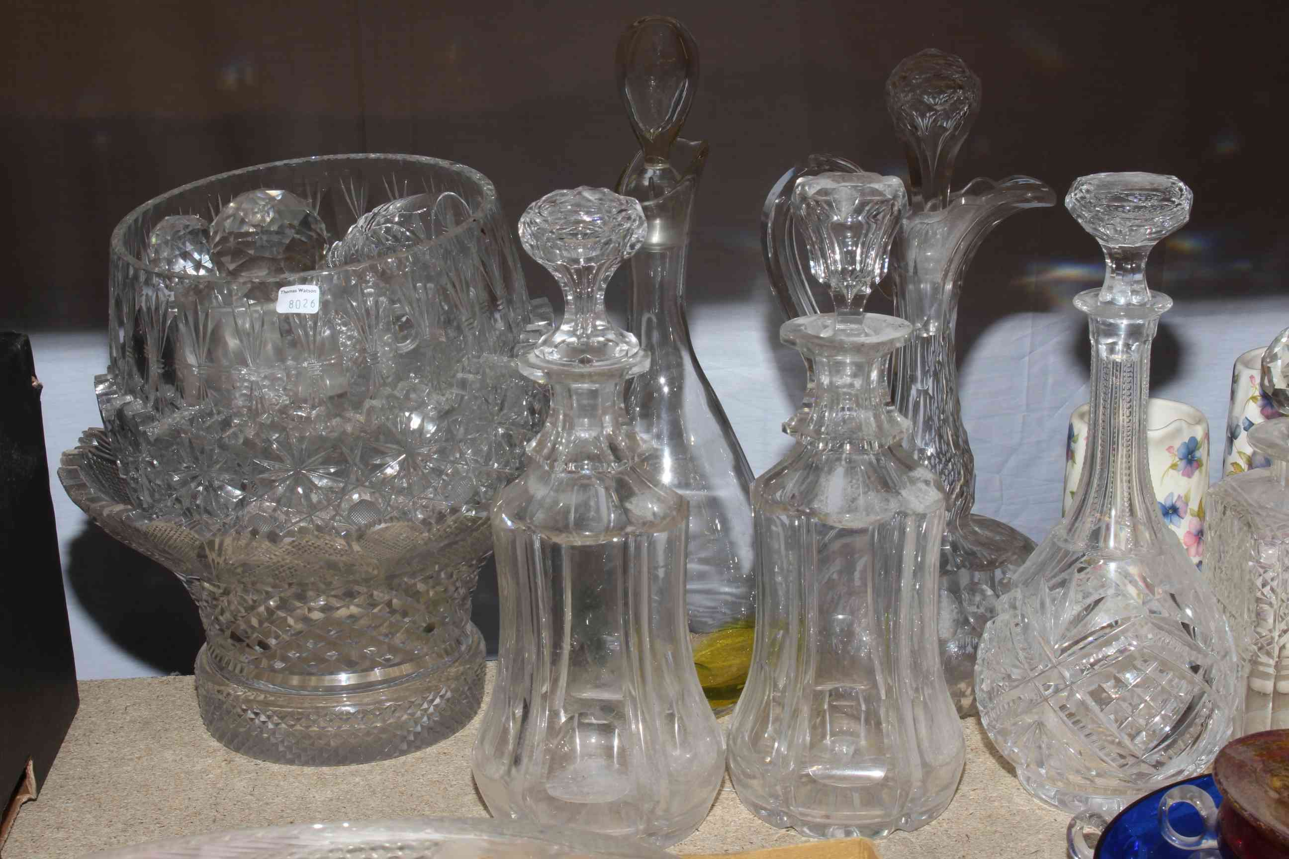 19th Century and later glass decanters, glass bowls, blue and white meat plate, cherub centre piece, - Image 2 of 2