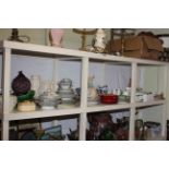 Full shelf of various china including Bretby bowls, dinner and teawares, ornaments,