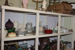 Full shelf of various china including Bretby bowls, dinner and teawares, ornaments,