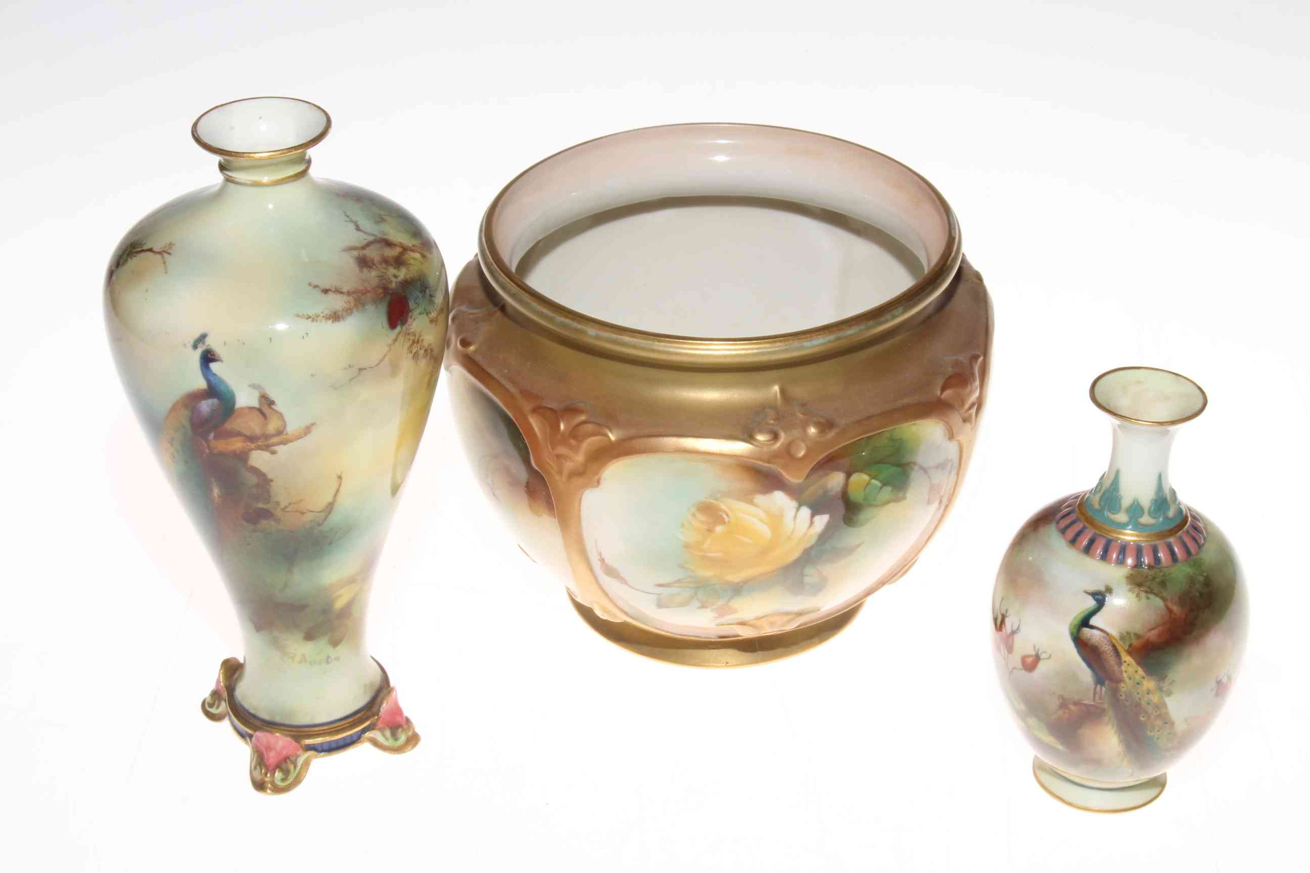 Collection of seven hand painted Royal Worcester vases; Peacock signed Austin, pair Peacocks, - Image 2 of 3