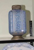 Edwardian etched blue glass shade, 38cm.